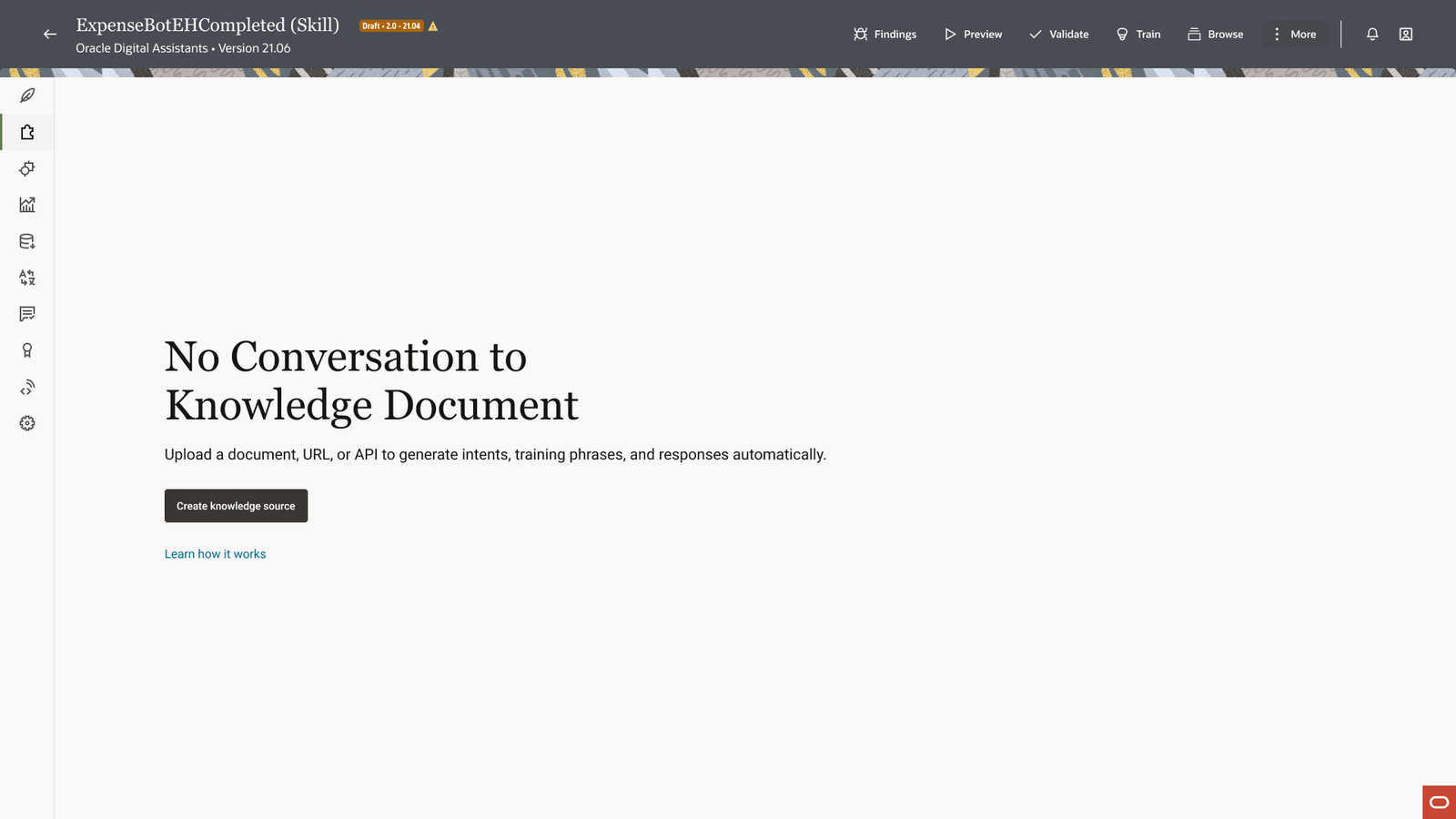 Conversations to Knowledge empty state for adding enterprise knowledge sources.