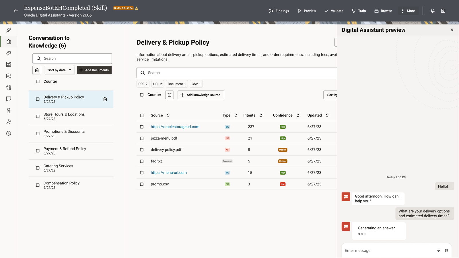 Conversations to Knowledge workspace showing knowledge collections, source organization, and a generated conversational preview.