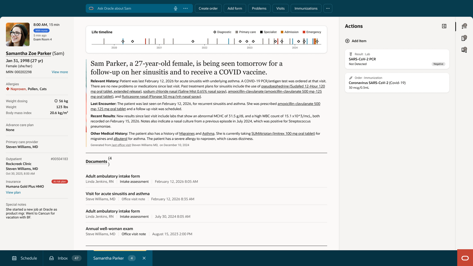 Redesigned Oracle Health patient chart with a restrained right-side Actions panel supporting the clinical workflow.